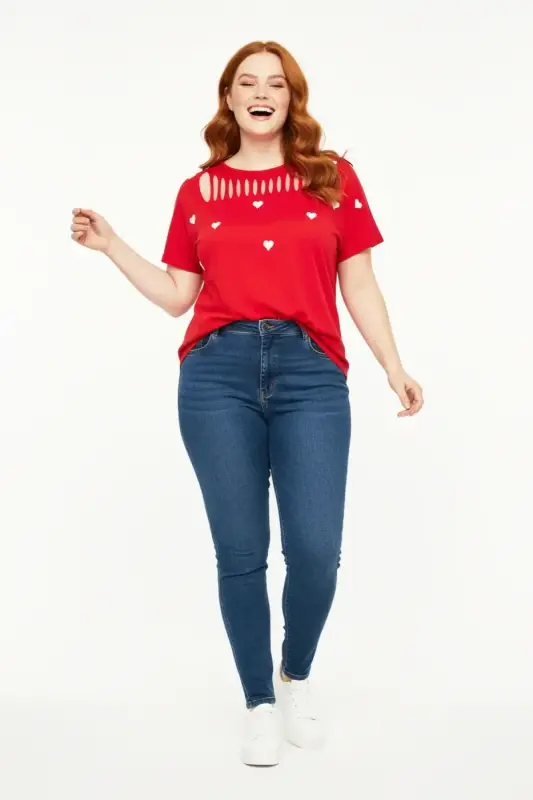 Büyük Beden Kalp Desenli T-shirt - 3
