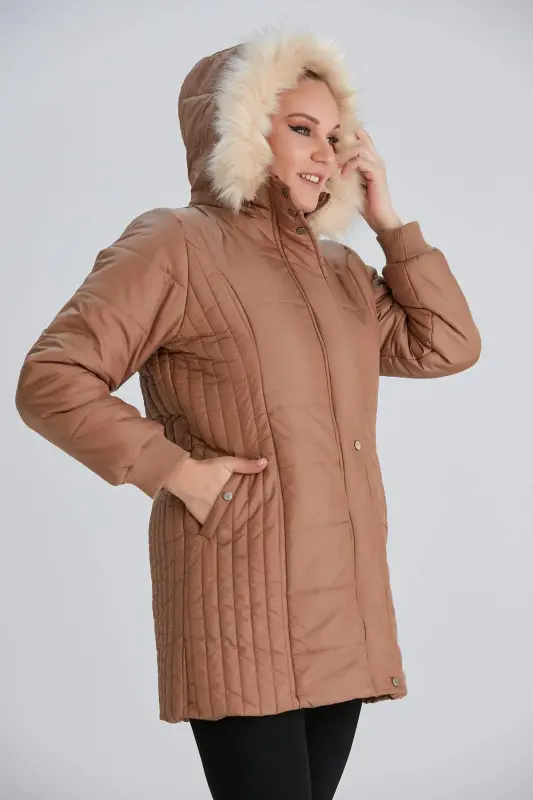 Büyük Beden Kapşonlu Taba Mont - 3