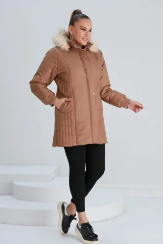 Büyük Beden Kapşonlu Taba Mont - 4