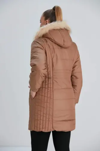 Büyük Beden Kapşonlu Taba Mont - 5