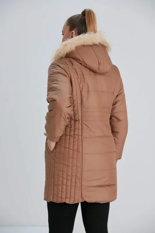 Büyük Beden Kapşonlu Taba Mont - 5