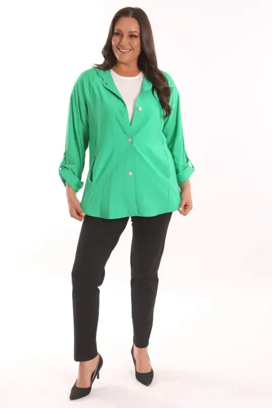 Büyük Beden Kapüşon ve Düğme Detaylı Yeşil Trençkot - 2