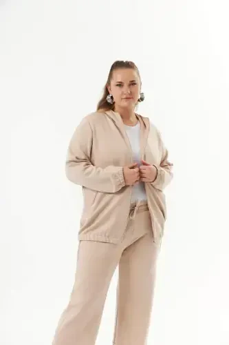 Büyük Beden Kapüşon ve Fermuarlı Modal Sweatshirt Vizon - 1