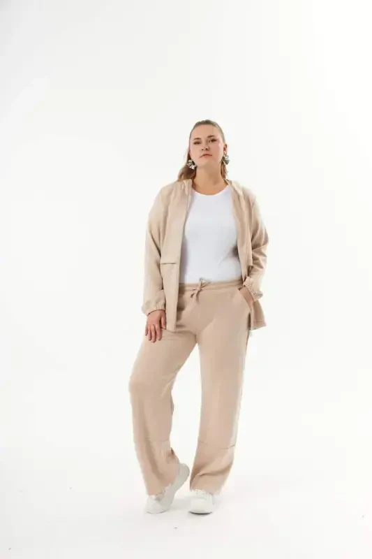 Büyük Beden Kapüşon ve Fermuarlı Modal Sweatshirt Vizon - 6