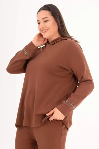 Büyük Beden Kapüşon Yaka Sweat Pantolon Kahverengi Takım - BÜYÜKBEDENIZ (1)