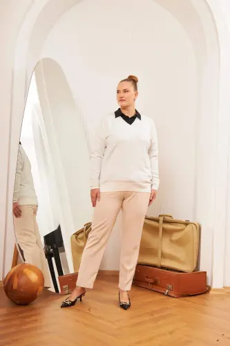 Büyük Beden Kaşmir Karışımlı V Yaka Triko Kazak Ekru - 6