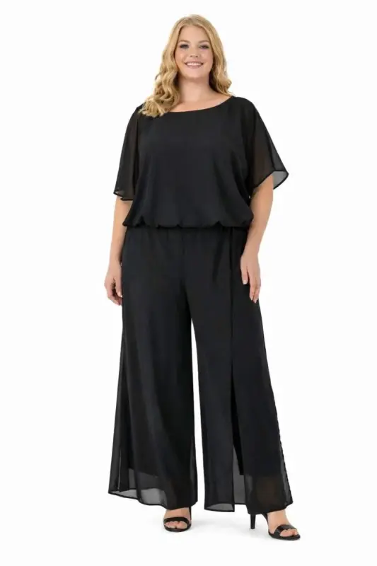 Büyük Beden Kayık Yaka Dökümlü Şifon Bluz ve Pantolon Abiye Takım ND4024 - BÜYÜKBEDENIZ