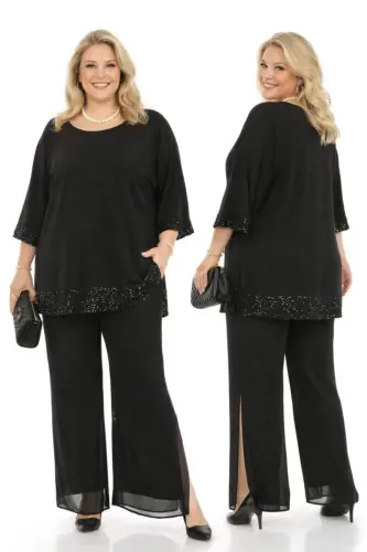 Büyük Beden Kayık Yaka Dökümlü Şifon Bluz ve Pantolon Abiye Takım ND4024 - 3