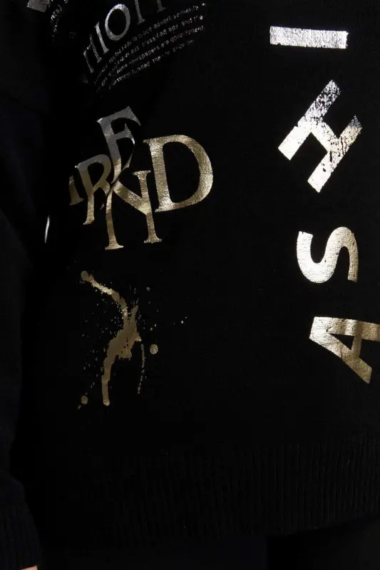 Büyük Beden Kayık Yaka Kaşmir Karışımlı Baskılı Triko Siyah - 4