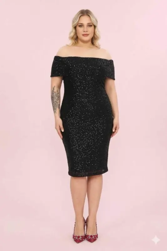 Büyük Beden Kayık Yaka Payetli Midi Abiye Elbise – Omuz Dekolteli Şık Davet Elbisesi (40-62 Beden) ND4038 - BÜYÜKBEDENIZ