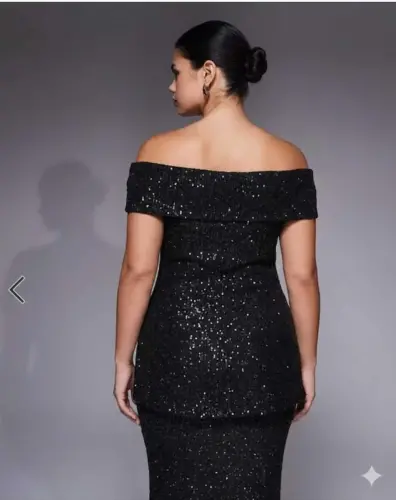 Büyük Beden Kayık Yaka Payetli Midi Abiye Elbise – Omuz Dekolteli Şık Davet Elbisesi (40-62 Beden) ND4038 - BÜYÜKBEDENIZ (1)