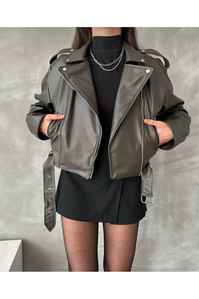Oversıze Kemerli Deri Tarz Ceket-Yeşil - MEECY