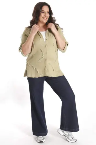 Büyük Beden Kendinden Desenli Yeşil Gömlek - BÜYÜKBEDENIZ (1)