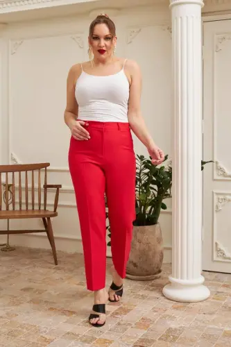 Büyük Beden Kırmızı Kumaş Pantolon - 5