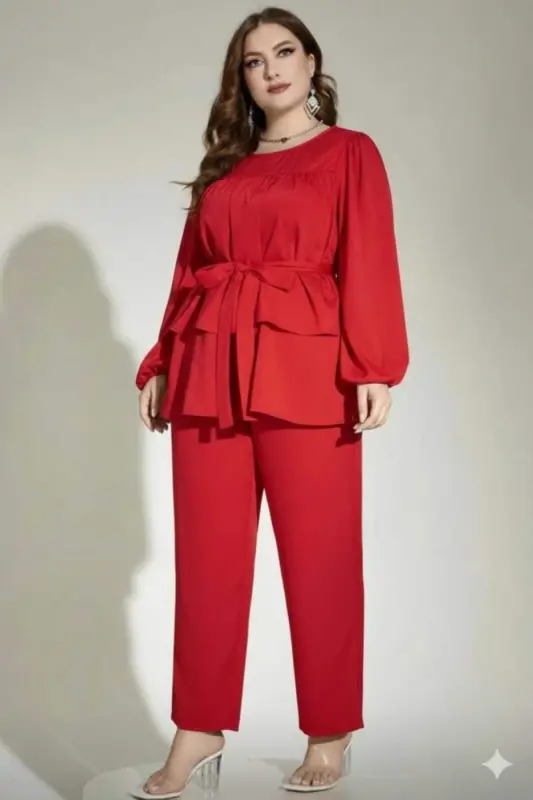 Büyük Beden Kırmızı Kuşaklı Bluz Pantolon Takım 62 Bedene Kadar Rahat Kesim Pantolonlu Kombin ND4033 - BÜYÜKBEDENIZ