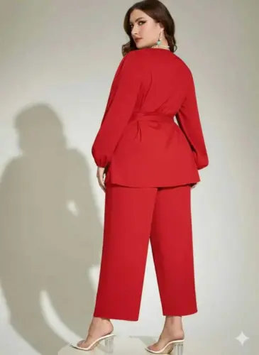 Büyük Beden Kırmızı Kuşaklı Bluz Pantolon Takım 62 Bedene Kadar Rahat Kesim Pantolonlu Kombin ND4033 - BÜYÜKBEDENIZ (1)
