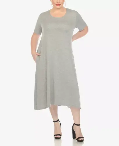 Plus Size Short Sleeve Pocket Swing Midi Dress 
