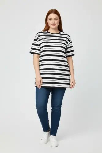 Büyük Beden Kısa Kollu Çizgili T-shirt - 1