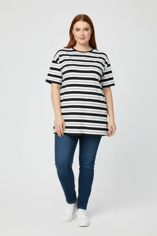 Büyük Beden Kısa Kollu Çizgili T-shirt - 1