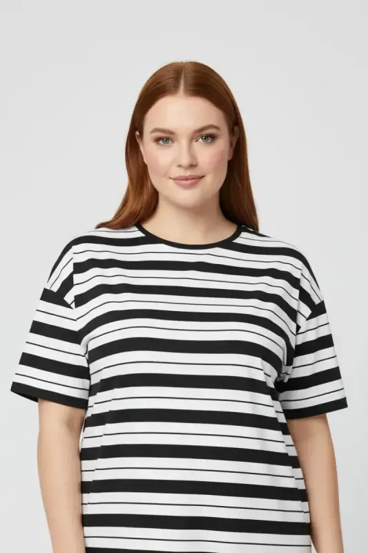 Büyük Beden Kısa Kollu Çizgili T-shirt - 2