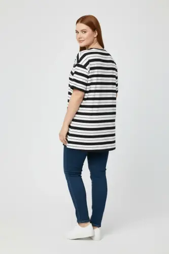 Büyük Beden Kısa Kollu Çizgili T-shirt - 5