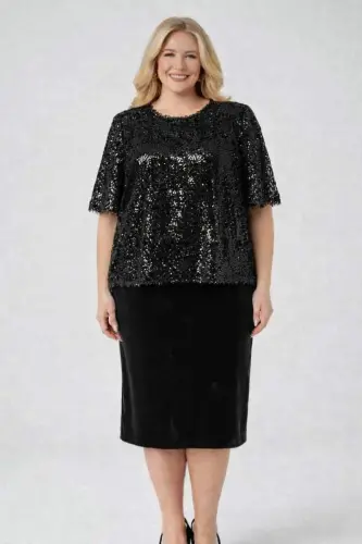 Büyük Beden Kısa Midi Elbise ve Üzeri Dökümlü Bluz 2’li Abiye Takım ND4025 - 1