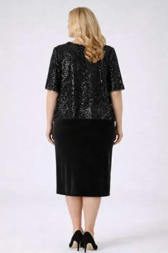 Büyük Beden Kısa Midi Elbise ve Üzeri Dökümlü Bluz 2’li Abiye Takım ND4025 - BÜYÜKBEDENIZ (1)