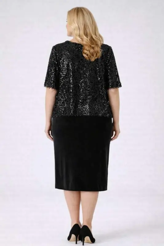 Büyük Beden Kısa Midi Elbise ve Üzeri Dökümlü Bluz 2’li Abiye Takım ND4025 - 2