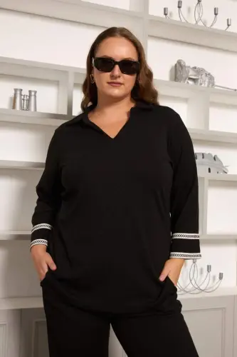 Büyük Beden Kol Nakış Detay Örme Bluz Siyah - 1