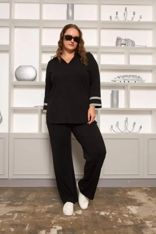 Büyük Beden Kol Nakış Detay Örme Bluz Siyah - 5