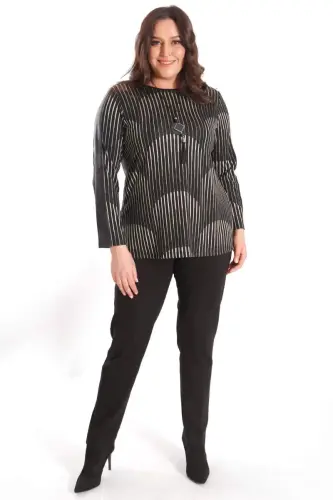 Büyük Beden Kollar Deri Şeritli Siyah Bluz - BÜYÜKBEDENIZ (1)