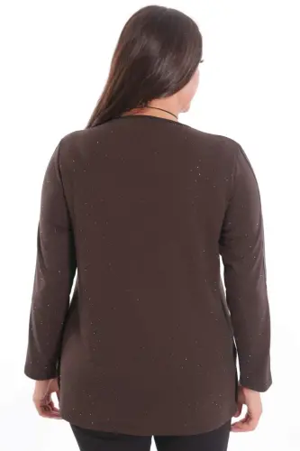 Büyük Beden Kolu Deri Şerit Detaylı Kendinden Taşlı Kahverengi Bluz - 6