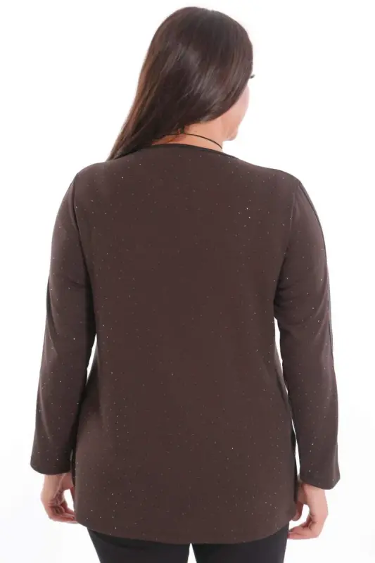 Büyük Beden Kolu Deri Şerit Detaylı Kendinden Taşlı Kahverengi Bluz - 6