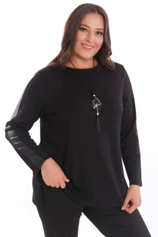 Büyük Beden Kolu Deri Şerit Detaylı Kendinden Taşlı Siyah Bluz - 3