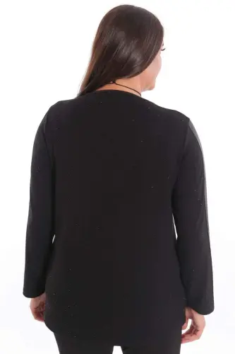 Büyük Beden Kolu Deri Şerit Detaylı Kendinden Taşlı Siyah Bluz - 6