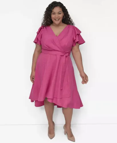 Plus Size Surplice Flutter-Sleeve Fit & Flare Dress-Vivid Pink - DKNY