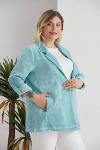 Büyük Beden Kruvaze Yaka Batik Turkuaz Ceket - 7