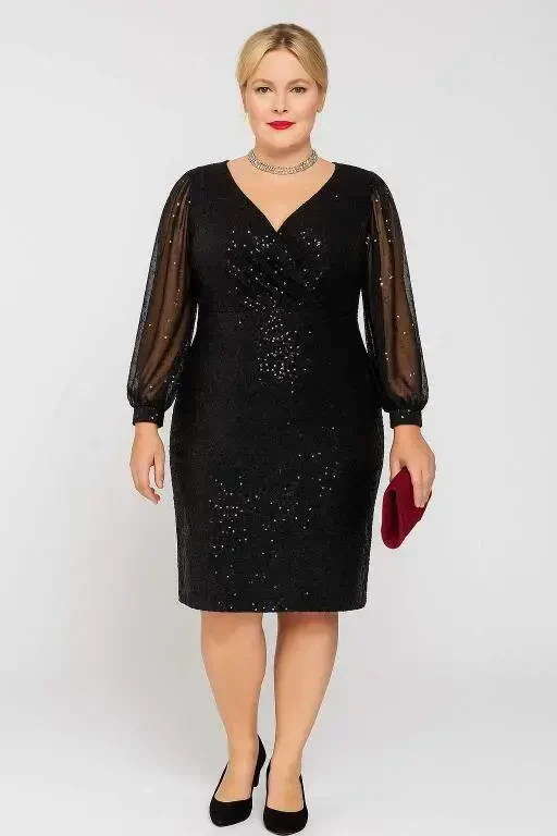 Büyük Beden Kruvaze Yaka Pul Payet Abiye Elbise ND4012 - 1