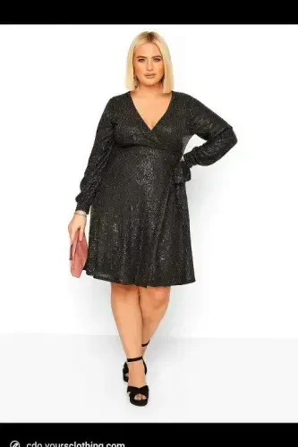 Büyük Beden Kruvaze Yaka Pul Payet Abiye Elbise Siyah ND4014 - 3