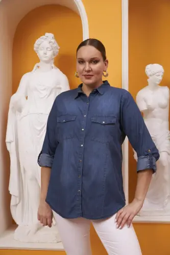 Büyük Beden Mavi Kot Gömlek - 1