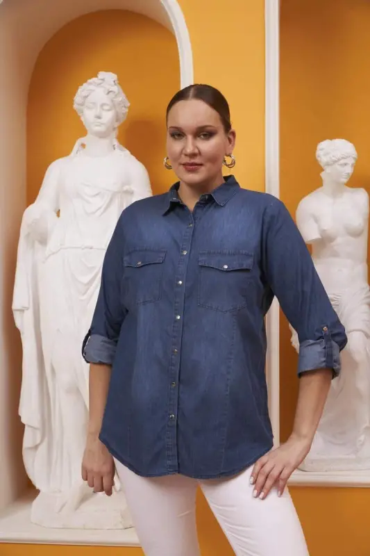 Büyük Beden Mavi Kot Gömlek - 1