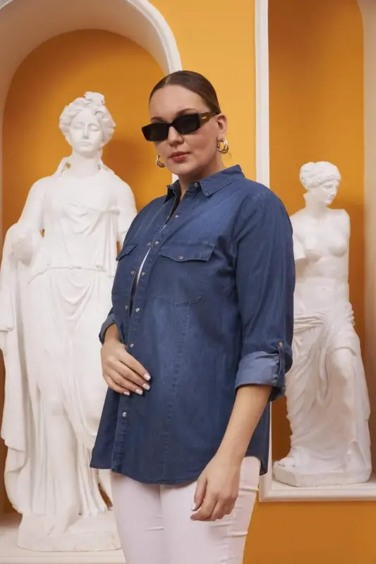 Büyük Beden Mavi Kot Gömlek - 3