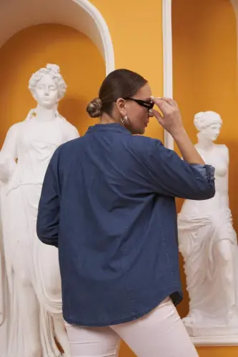 Büyük Beden Mavi Kot Gömlek - 4