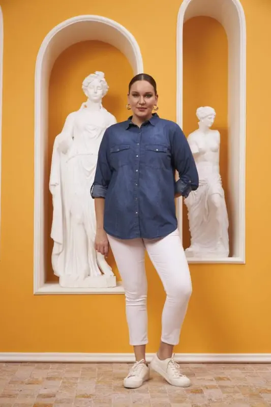 Büyük Beden Mavi Kot Gömlek - 5