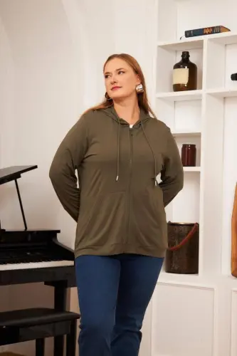 Büyük Beden Modal Sweatshirt Hırka Haki - 1