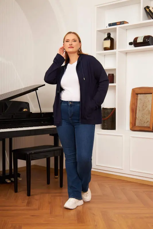 Büyük Beden Modal Sweatshirt Hırka Lacivert - 3