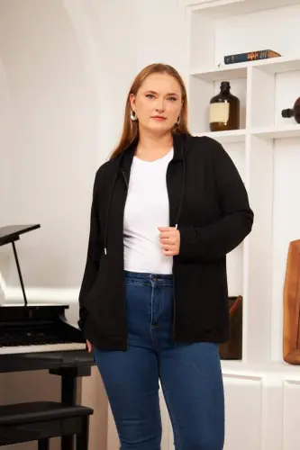 Büyük Beden Modal Sweatshirt Hırka Siyah - 4