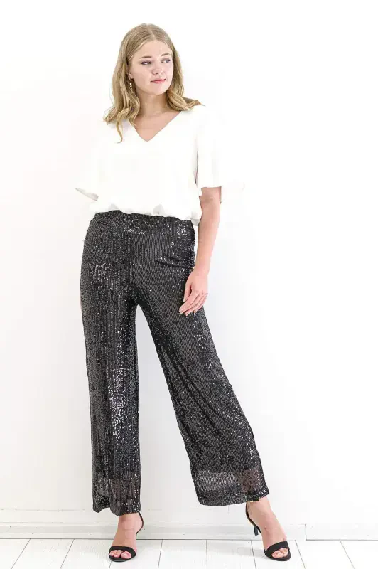 Büyük Beden Payetli Abiye Pantolon KL94Z Siyah - 9