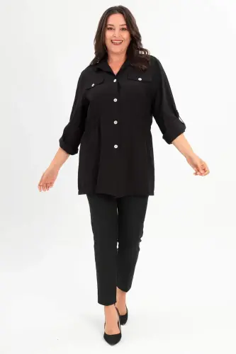 Angelino Büyük Beden Omuz Apoletli Cep Kapaklı Siyah Trençkot - BÜYÜKBEDENIZ (1)