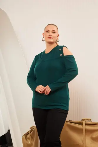 Büyük Beden Omuz Detay Örme Bluz Zümrüt - 1